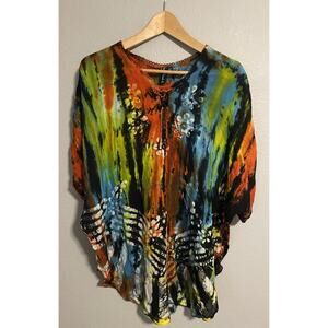 Sacred Threads Womens Tunic One Size Colorful Mixed Media Rayon Art to Wear Boho
